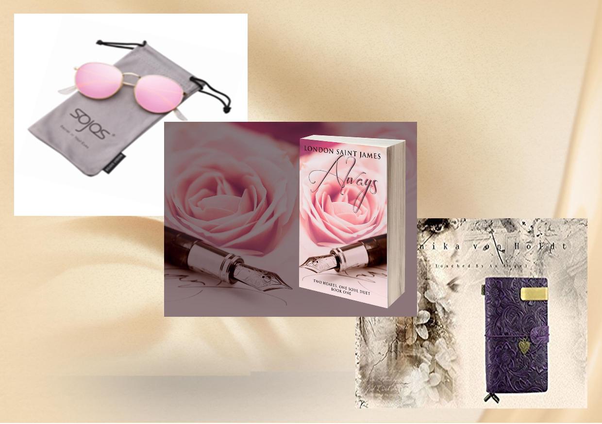 London Saint James Giveaway: singed paperback of Always (Two Hearts, One Soul Duet: Book One) as well as a handmade leather bound travel journal, and a pair of pink mirrored Sojo shades!