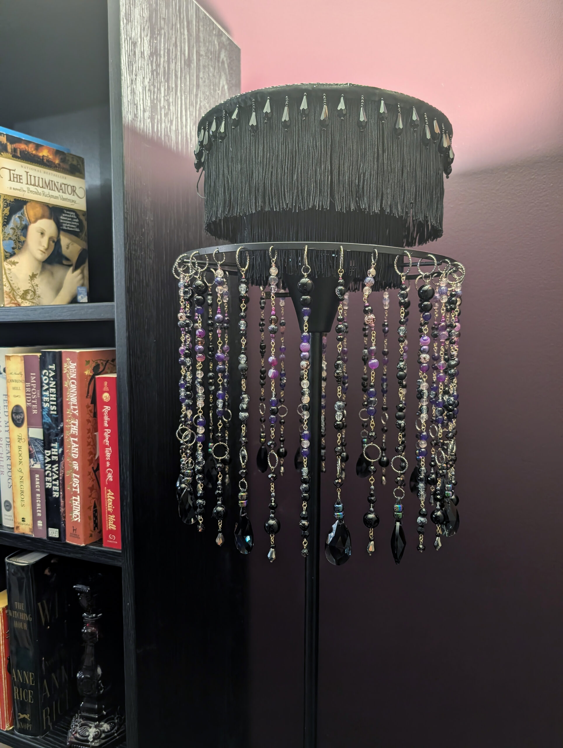 black and purple beaded and fringed floor lamp